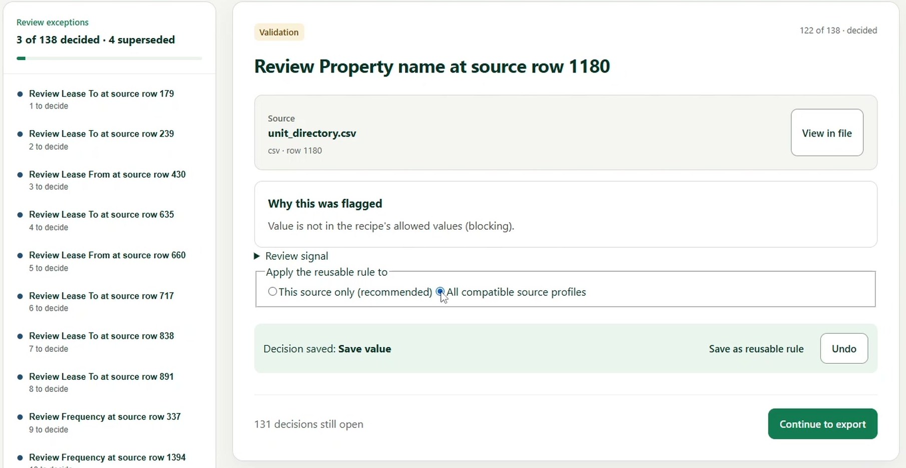 Review screen after a decision: Decision saved, Save value, with Undo, Save as reusable rule, and a choice to apply the rule to this source only or all compatible source profiles.
