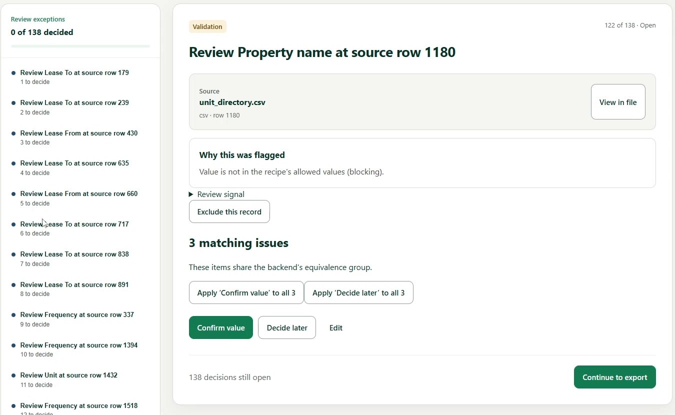 TidyData exception review: a queue of 138 exceptions on the left; on the right, Review Property name at source row 1180, with source unit_directory.csv row 1180, why it was flagged, three matching issues, and Confirm value, Decide later and Edit actions.